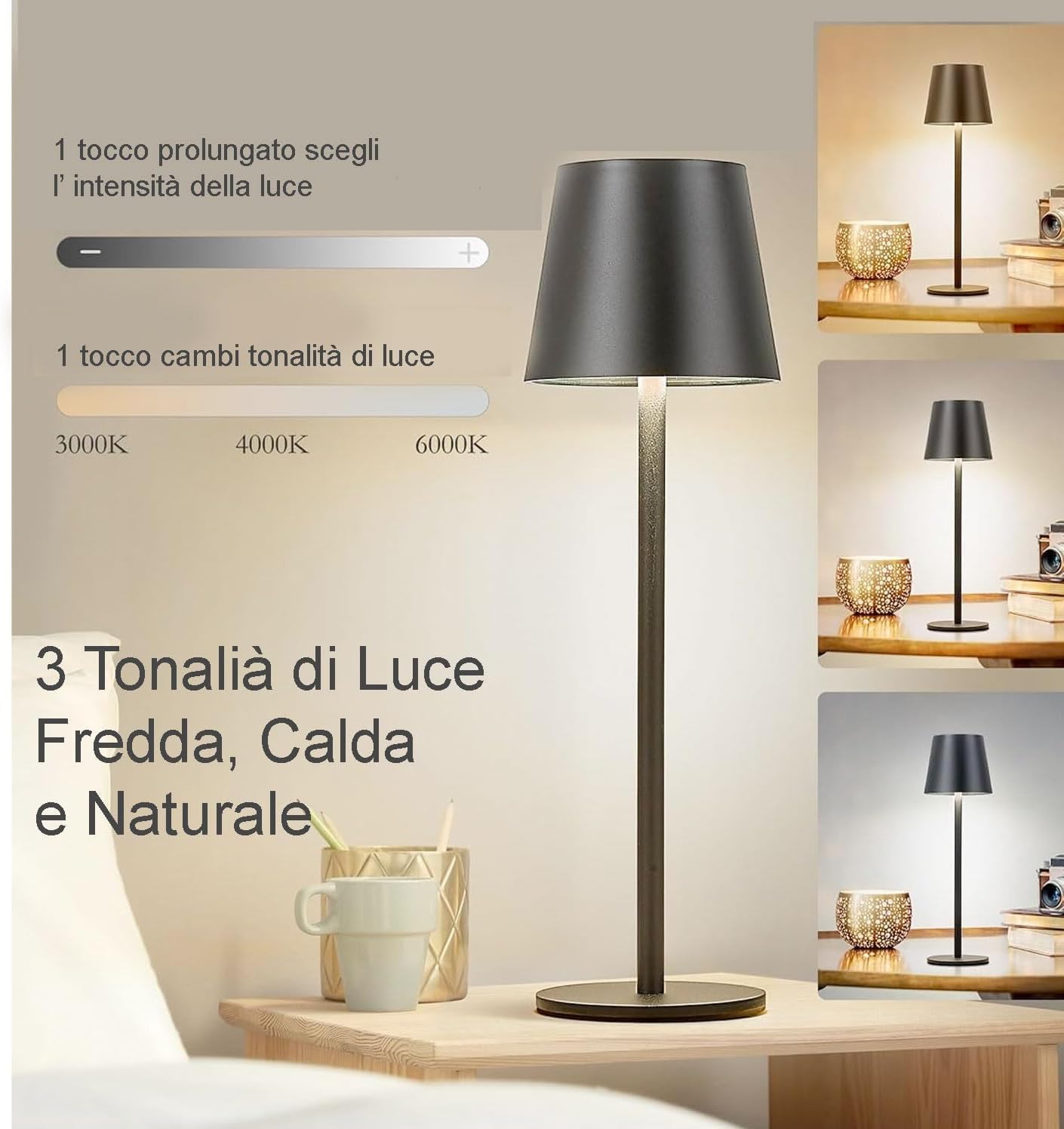 4 PEZZI LAMPADA DA TAVOLO SENZA FILI RICARICABILE, LAMPADA DA TAVOLO LED DIMMERABILE E CON 3 TONALITà DI LUCE, DIMMERABILE 3000-65000K ED IMPERMEABILE IP54