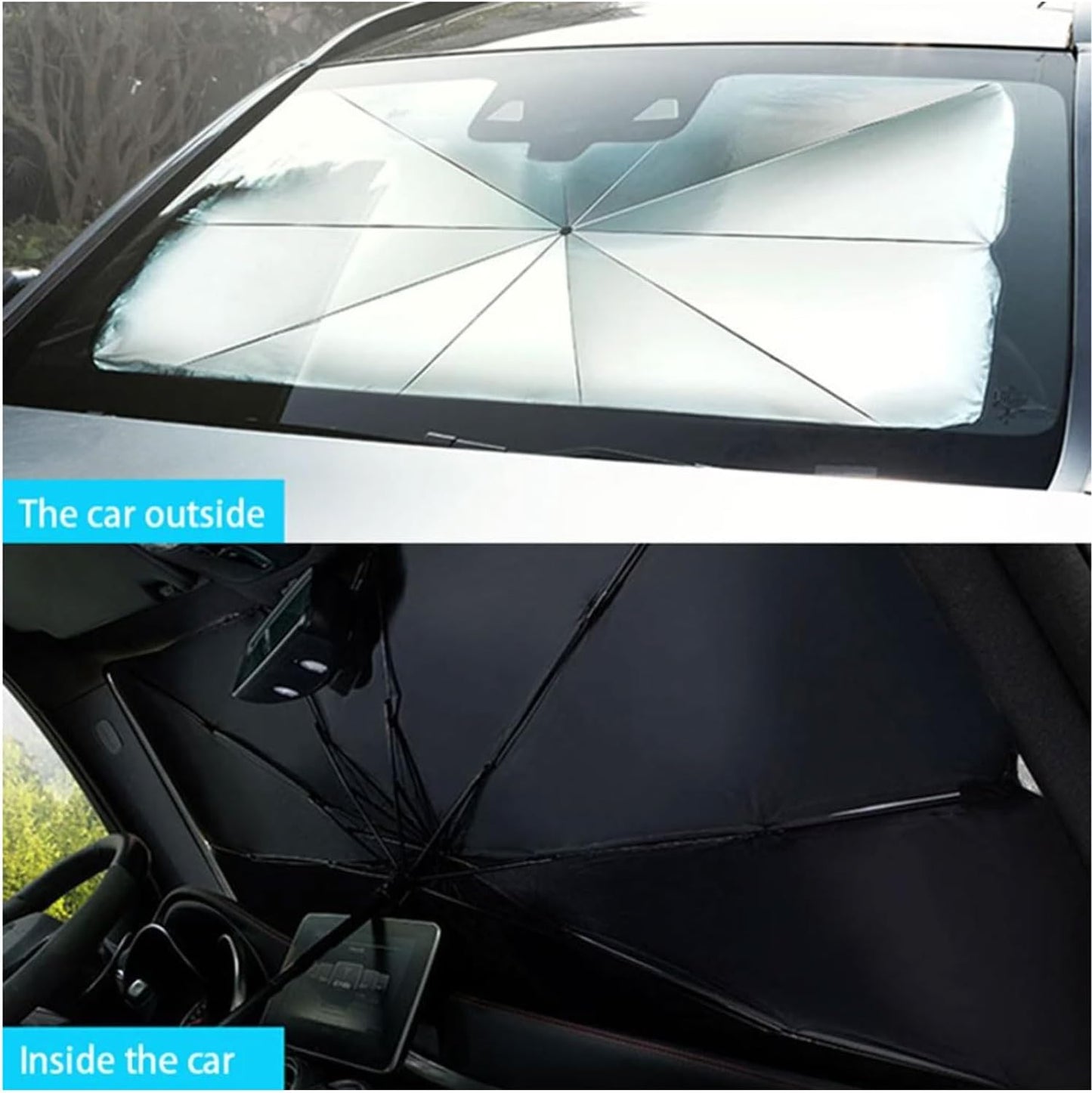 2 PEZZI Parasole auto ad ombrello, parabrezza interno auto ombrello con apertura rapida, parasole per auto protezione dal sole raggi UV 130x75 cm
