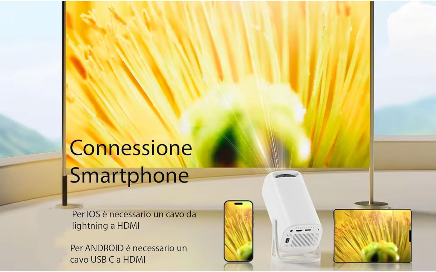 Mini proiettore, proiettore 4K ultra HD con Android 11.0 WiFi 6 BT 5.0, Proiettore 1080P Full HD Supporta Correzione, 180° Rotabile Proiettore per Telefono//PC/TV Box