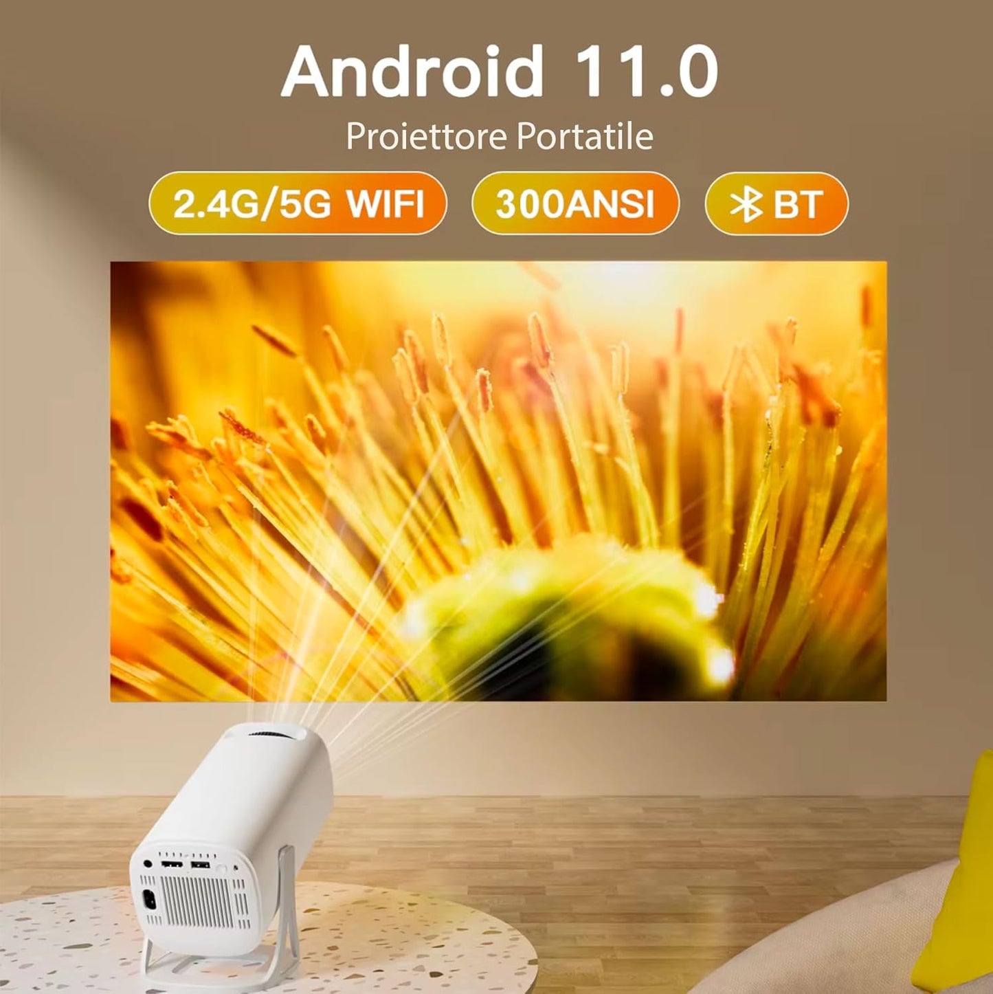 Mini proiettore, proiettore 4K ultra HD con Android 11.0 WiFi 6 BT 5.0, Proiettore 1080P Full HD Supporta Correzione, 180° Rotabile Proiettore per Telefono//PC/TV Box
