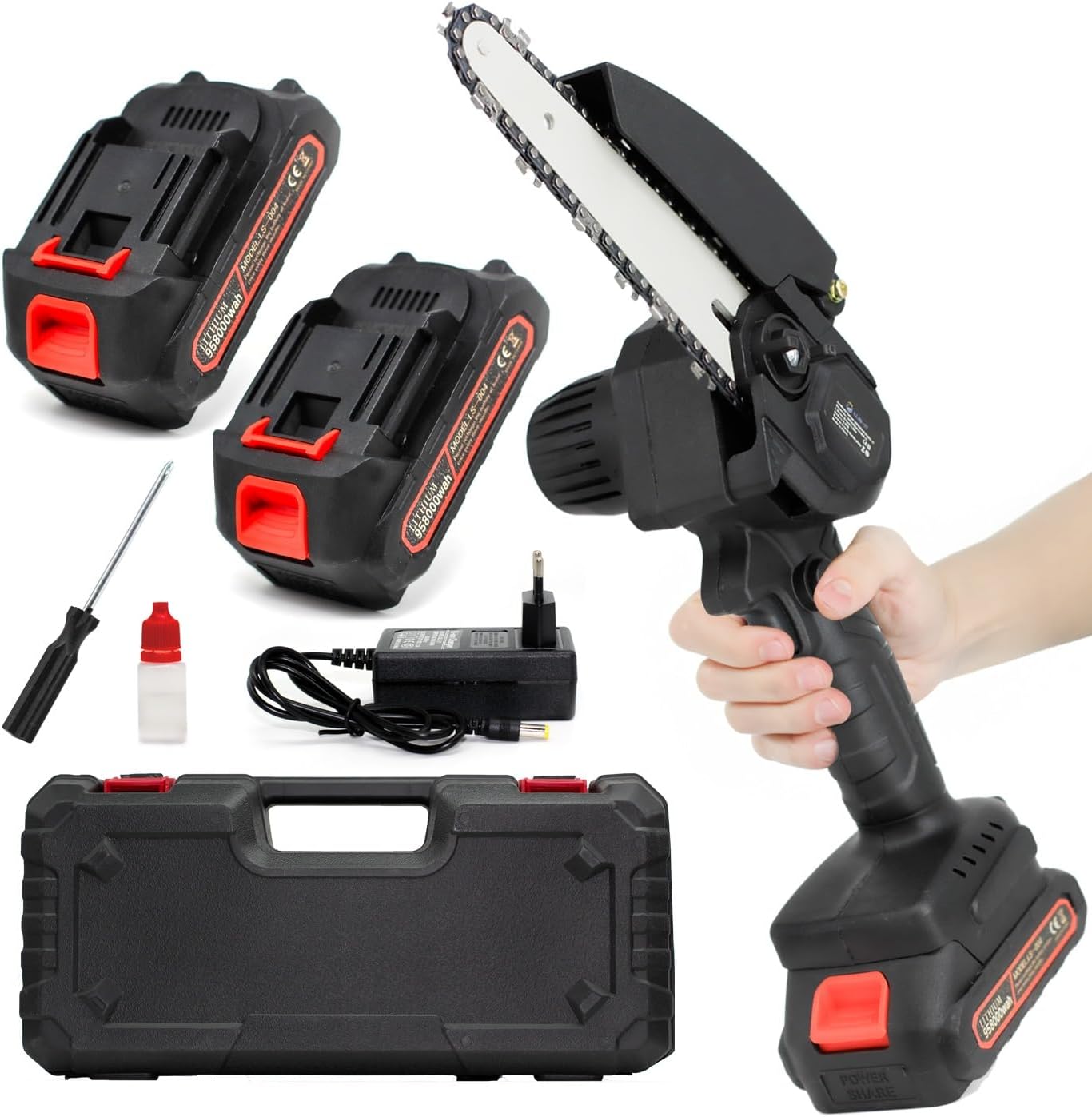 Mini Motosega a Batteria per Potatura con 2 Batterie 48V, 6 Pollici Sega a Batteria per Potatura con valigetta, Motosega Elettrica a Batteria Portatile per il Taglio del Legno Giardini
