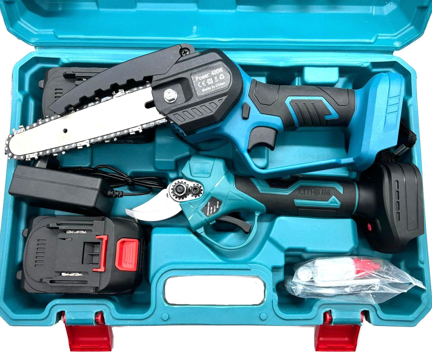 Set da potatura a batteria, forbici potatura a batteria 48v e motosega a batteria 48V da 6 pollici, il kit comprende 2 batterie da 48V e valigetta