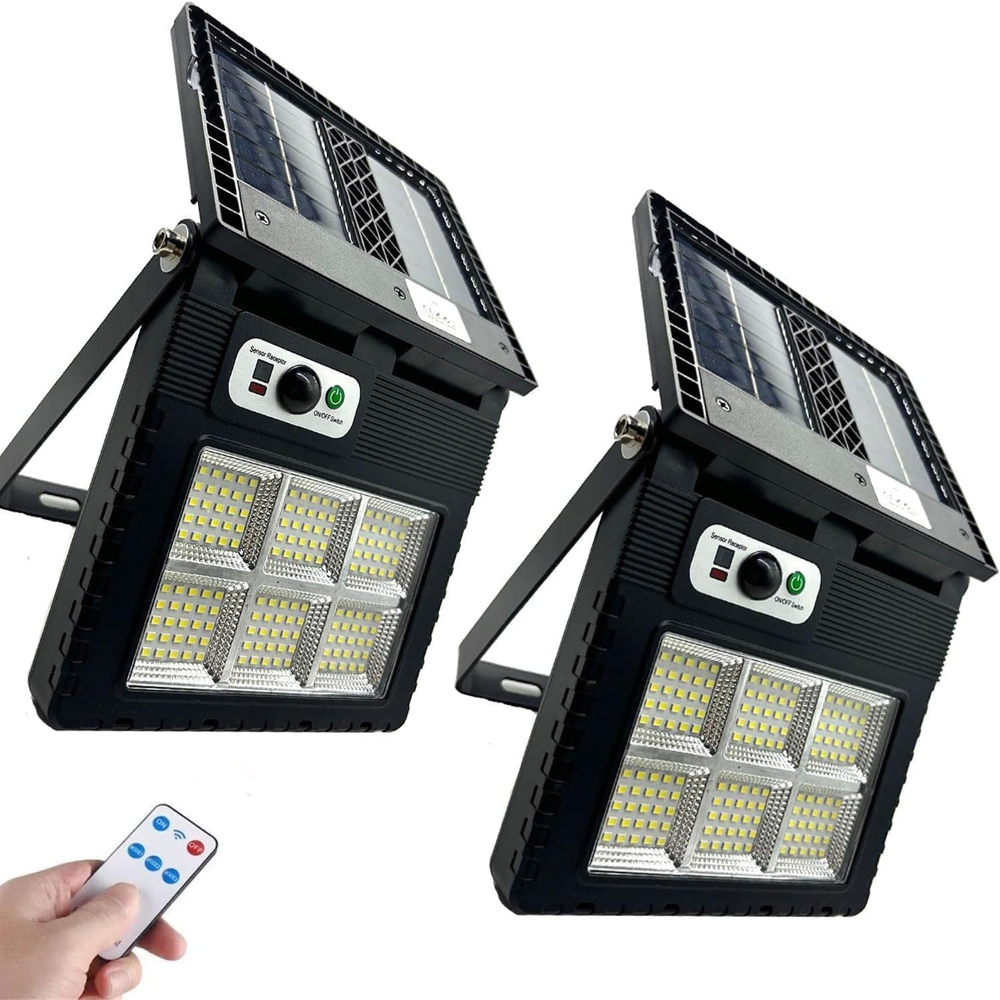 2 PEZZI Lampada solare da esterno 300W con sensore di movimento e sensore crepuscolare, Faretto led da esterno 150 Led, Faro led esterno con pannello solare integrato e telecomando