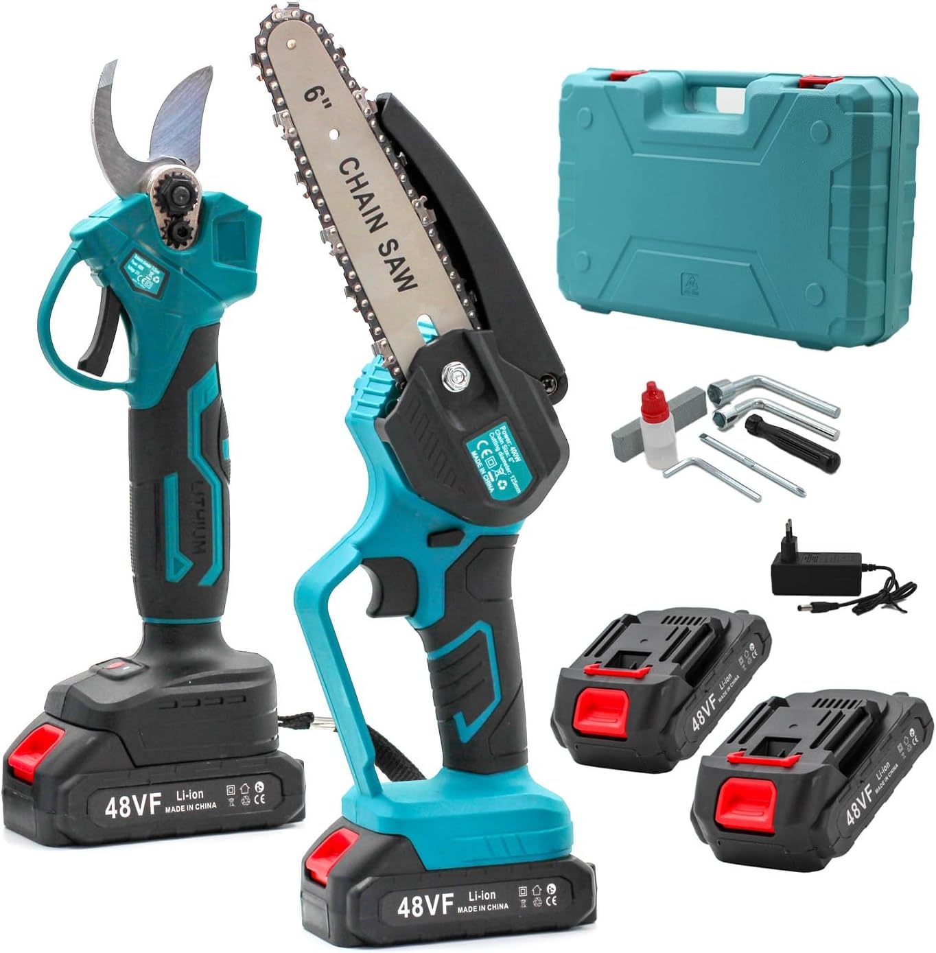 Set da potatura a batteria, forbici potatura a batteria 48v e motosega a batteria 48V da 6 pollici, il kit comprende 2 batterie da 48V e valigetta