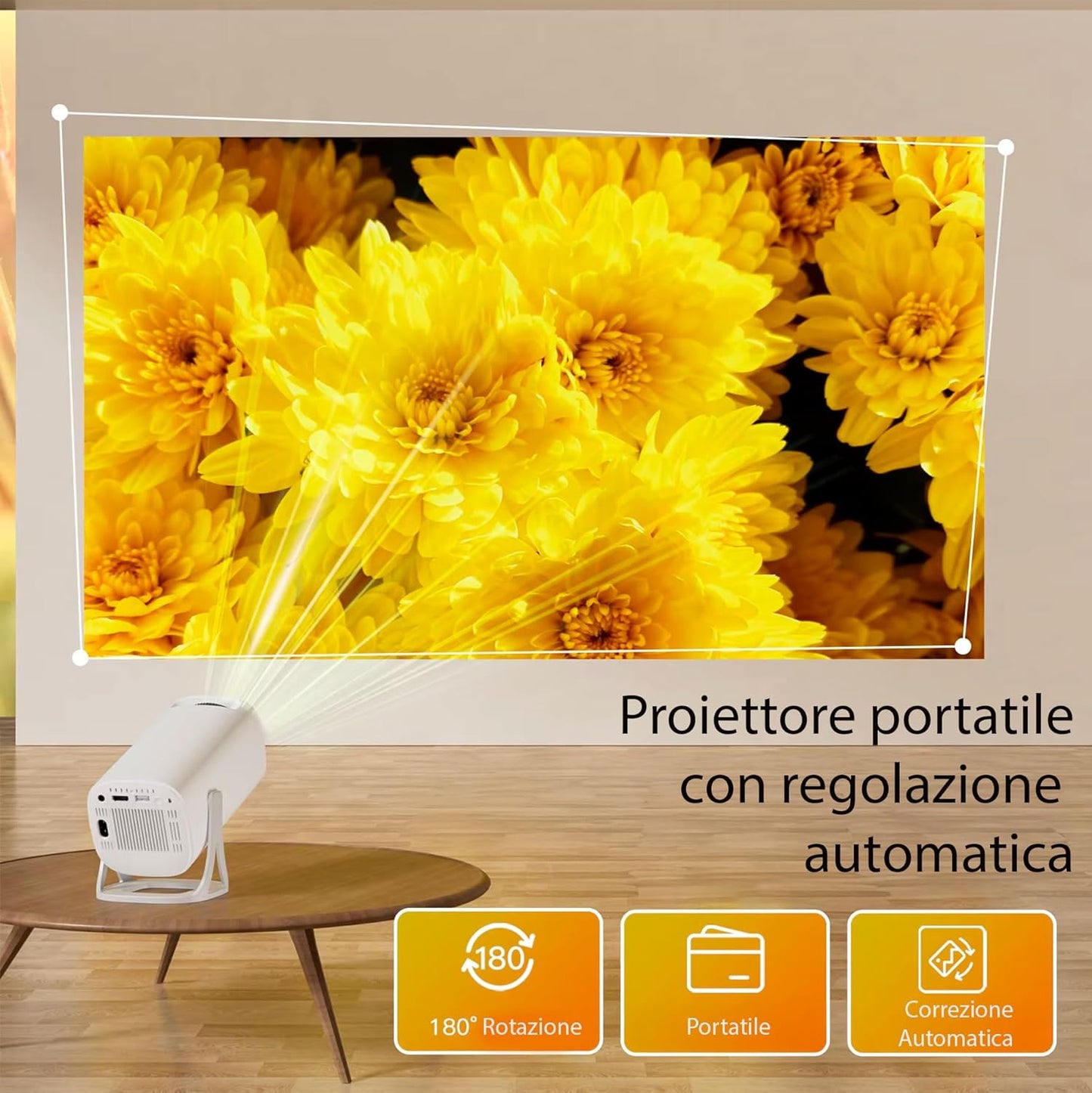 Mini proiettore, proiettore 4K ultra HD con Android 11.0 WiFi 6 BT 5.0, Proiettore 1080P Full HD Supporta Correzione, 180° Rotabile Proiettore per Telefono//PC/TV Box