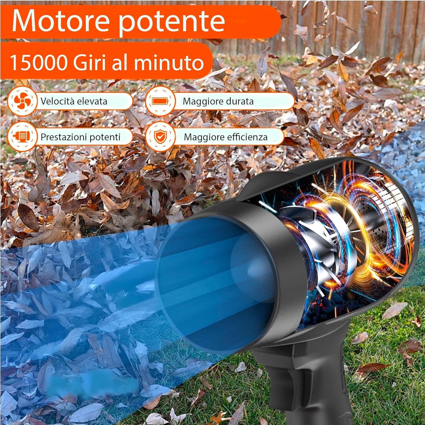 Soffiatore a Batteria 48v, Soffiatore per Foglie con Turbocompressore, Velocità dell'Aria fino a 290 km/h, Dotato di 2 Batterie da 48V 15000 mAh
