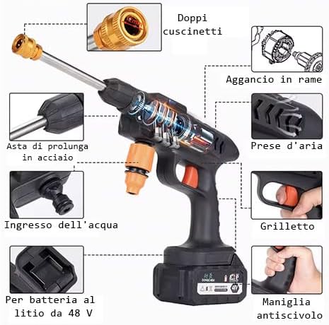Idropulitrice a batteria 48V Alta Pressione 30Bar Portatile Senza Fili 6 Getti Regolabili 8000mAh, Idropulitrice alta pressione Tubo 3mt e comoda valigetta