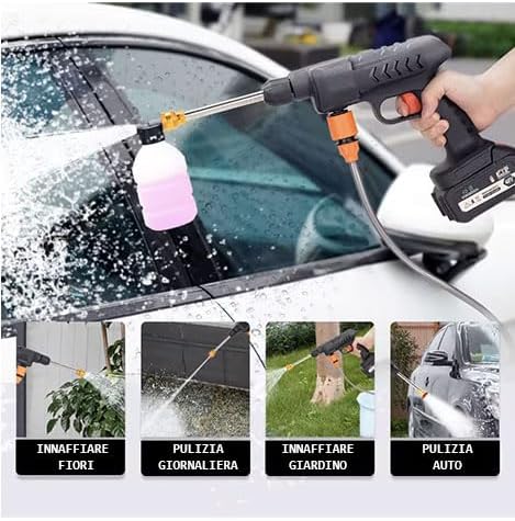 Idropulitrice a batteria 48V Alta Pressione 30Bar Portatile Senza Fili 6 Getti Regolabili 8000mAh, Idropulitrice alta pressione Tubo 3mt e comoda valigetta