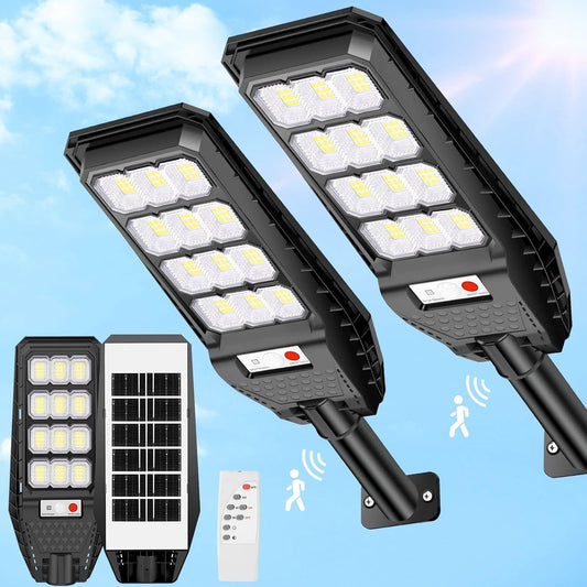 2 PEZZI lampione solare con 144 LED esterno 200W, con palo e telecomando, sensore di movimento e crepuscolare luce bianco freddo 6500k