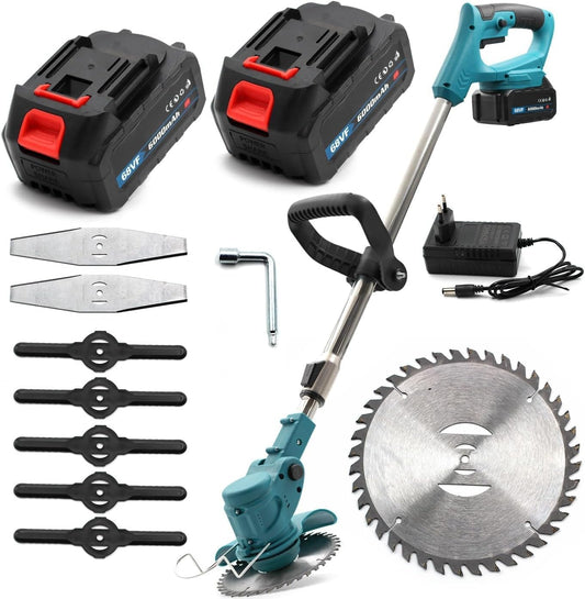 Decespugliatore Elettrico a Batteria, Tagliabordi a Batteria con 2 Batterie 68V, con 3 modalità di taglio, tagliabordi con asta telescopica e testa girevole di 90°