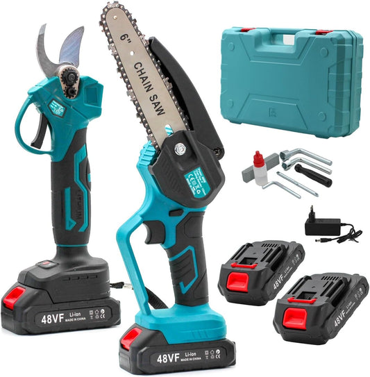 Set da potatura a batteria, forbici potatura a batteria 48v e motosega a batteria 48V da 6 pollici, il kit comprende 2 batterie da 48V e valigetta